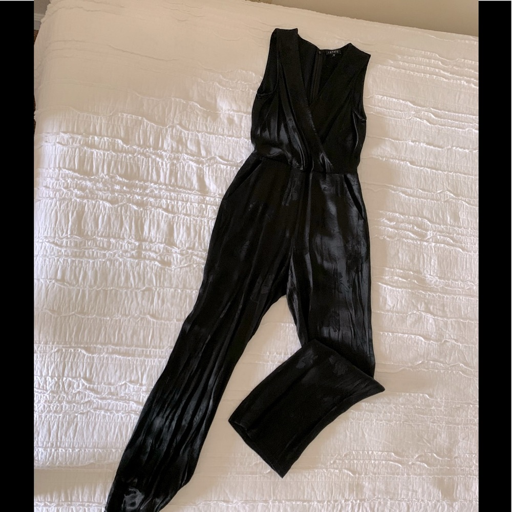 1. STATE Womens Black Sleeveless V Neck Straight leg Evening Jumpsuit
